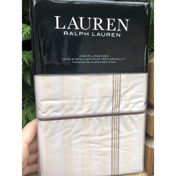 Ralph Lauren Allie KING Pillowcases PAIR Cream Flax Stripe Cotton NEW $150 - Picture 8 of 9